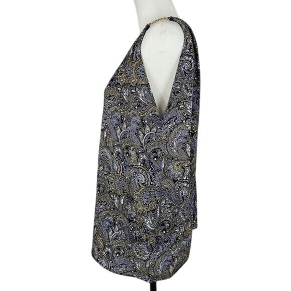 Michael Kors Navy Paisley Blouse Sz M 3/4 Sleeve Gold Chain Boho Flowy Relaxed - Picture 4 of 8